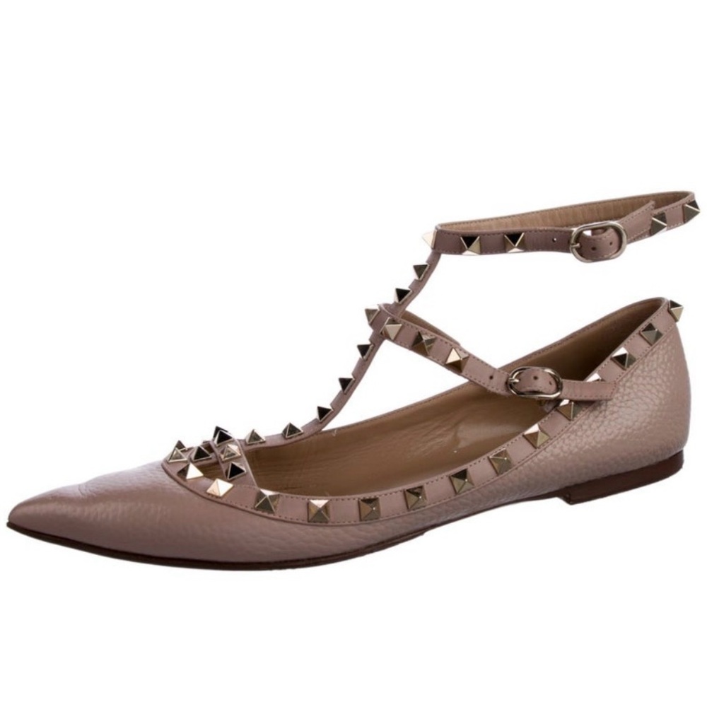 Valentino Garavani Rockstud Pointed-Toe T-Strap Flat Size 41/10